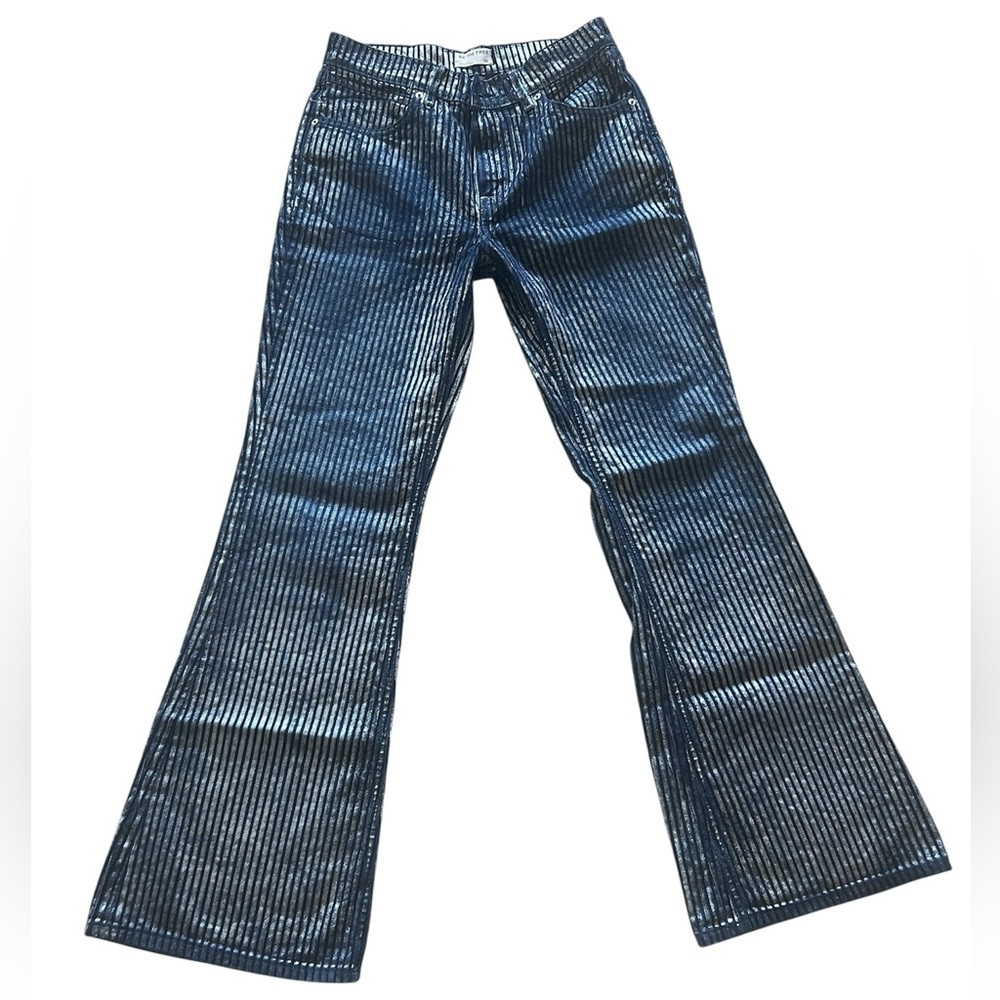 We the agree Women’s Blue Metallic Pinstripe Flared Jeans EUC 29